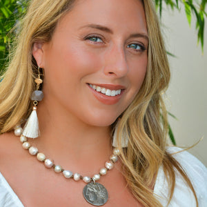 The Carrie - Long Baroque Necklace - Oyster, Coin or Opal Pendant