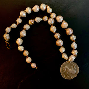 The Carrie - Long Baroque Necklace - Oyster, Coin or Opal Pendant