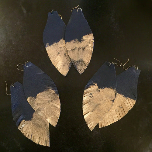Leather Feather Earrings - Navy
